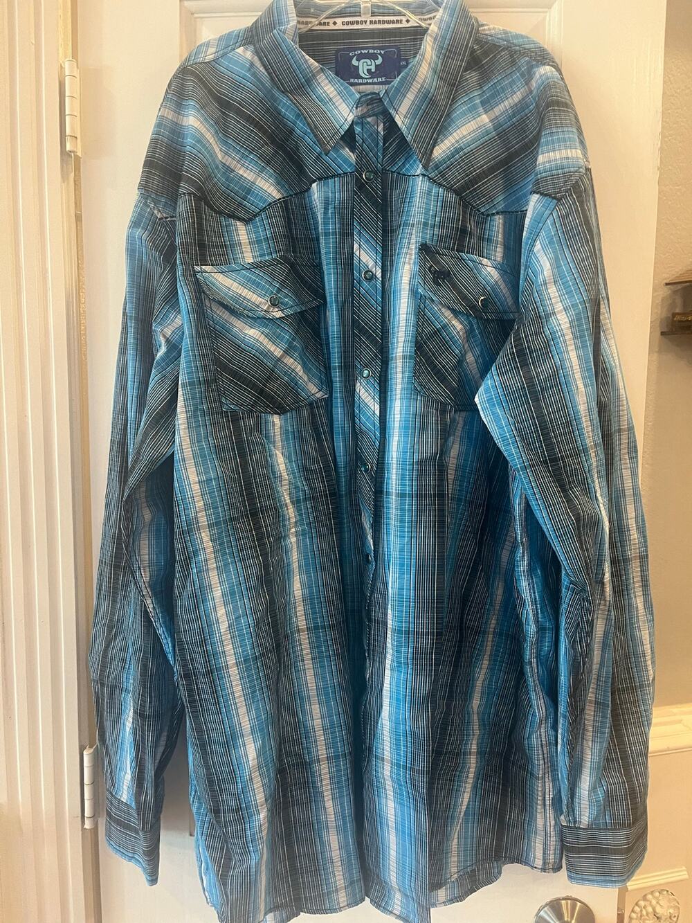 Cowboy Hardware Men XXL Blue Pearl Snap Western Long Sleeve Shirt Cowboy Fringe